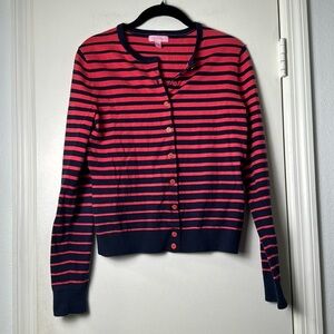 EUC Lilly Pulitzer Pink & Navy Lightweight Striped Preppy Cardigan Sweater Small